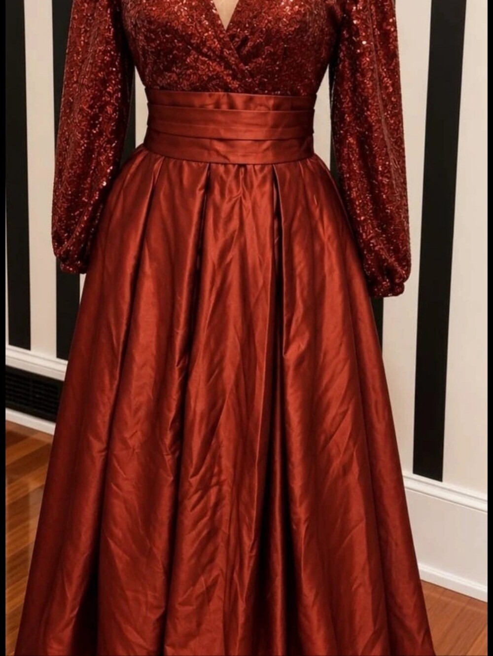 Elegant Rust Brunt Orange Sequin & Satin Evening Dress